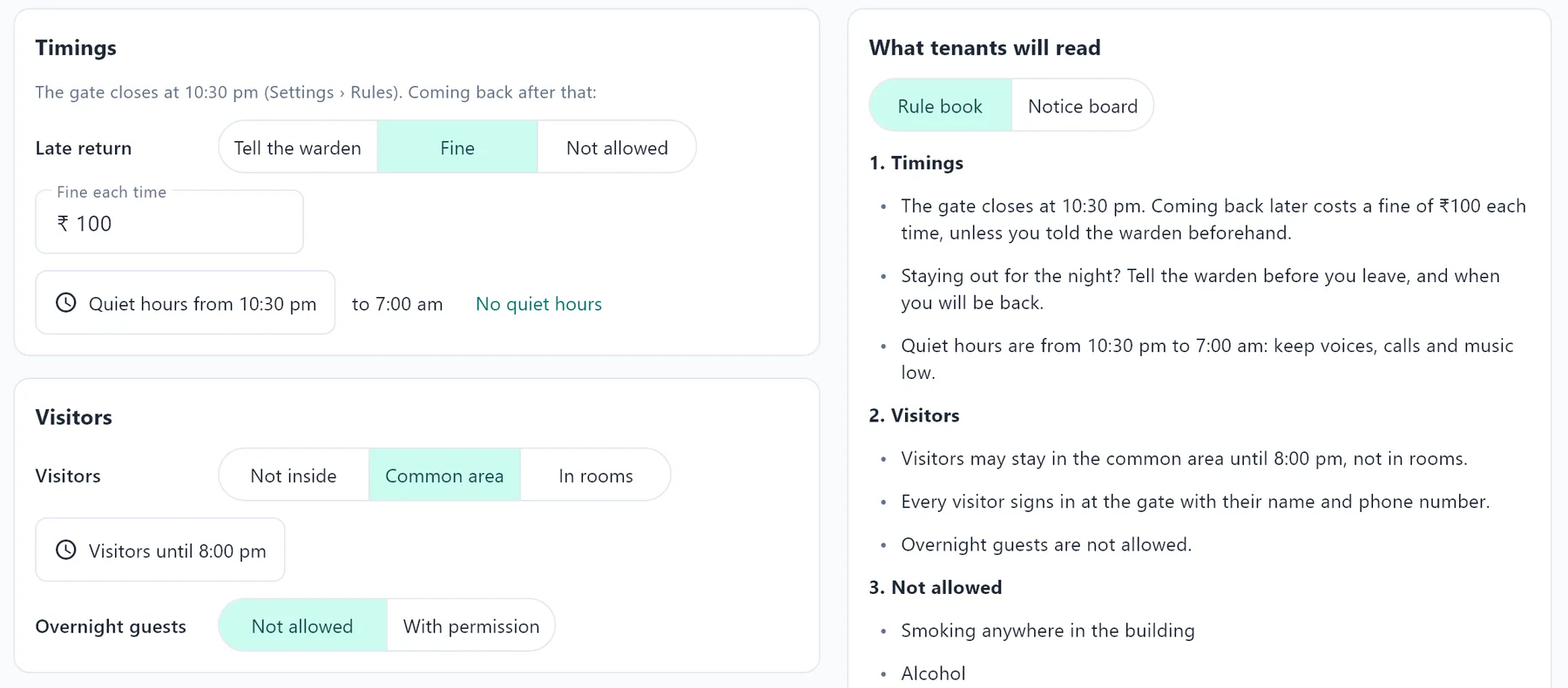 House rules: the owner's answers on the left, and the rule book tenants will read on the right.