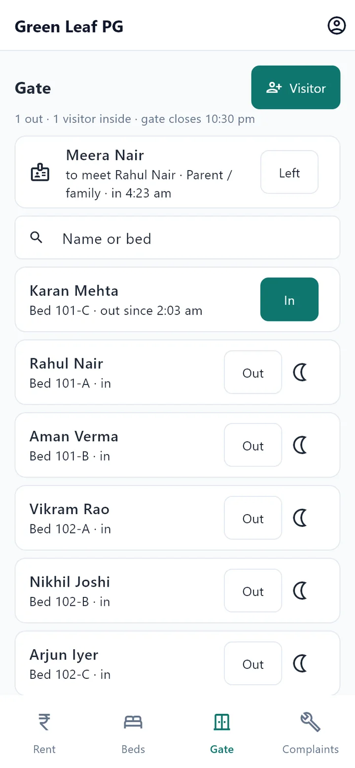 Phone app: the gate register with tenants out and a visitor inside.