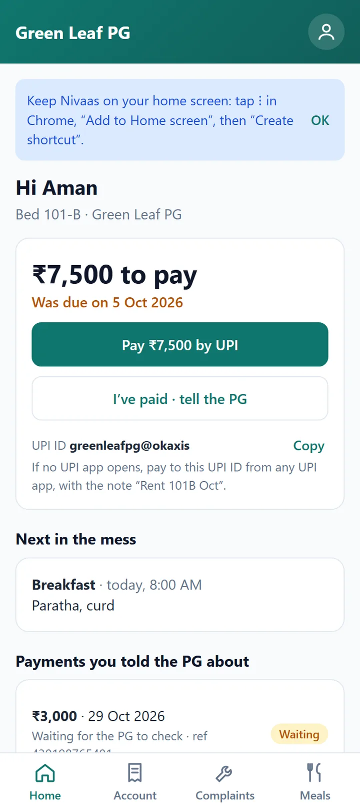 The tenant app: what the tenant owes, with a Pay by UPI button.