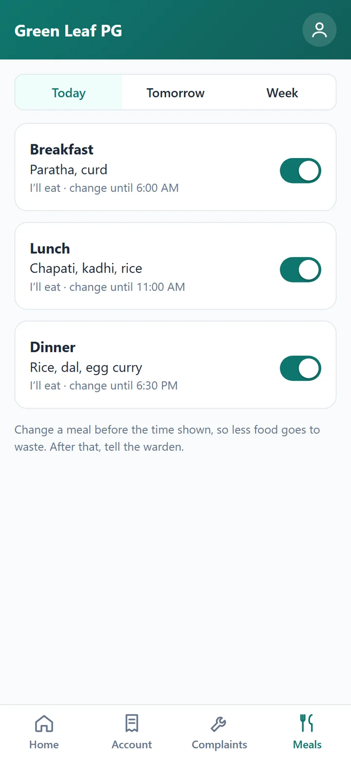 Tenant app: today's meals with the menu and a switch for each meal, open until a set time.