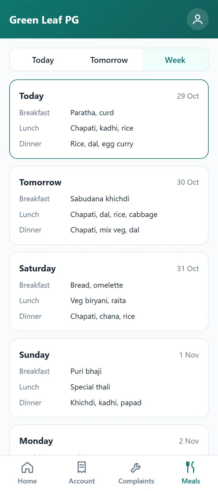 Tenant app: the mess menu for the week.