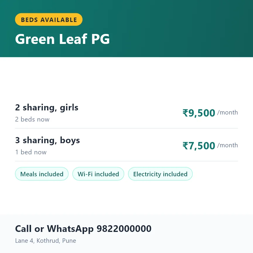 Vacant beds poster: 2 sharing for girls at ₹9,500 a month and 3 sharing for boys at ₹7,500, meals, Wi-Fi and electricity included.
